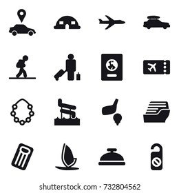 16 vector icon set : car pointer, dome house, plane, car baggage, tourist, passenger, passport, ticket, hawaiian wreath, aquapark, golf, cruise ship, inflatable mattress, windsurfing, service bell