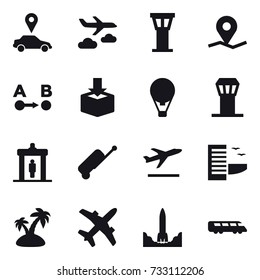 16 vector icon set : car pointer, journey, airport tower, air ballon, detector, suitcase, departure, hotel, island