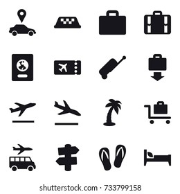 16 vector icon set : car pointer, taxi, suitcase iocn, suitcase, passport, ticket, baggage get, departure, arrival, palm, baggage trolley, transfer, signpost, flip-flops, bed
