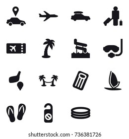 16 vector icon set : car pointer, plane, car baggage, passenger, ticket, palm, aquapark, diving mask, golf, palm hammock, inflatable mattress, windsurfing, flip-flops, do not distrub