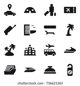 16 vector icon set : car pointer, dome house, passenger, ticket, suitcase, hotel, lounger, palm, island, transfer, jet ski, cruise ship, yacht, service bell, do not distrub