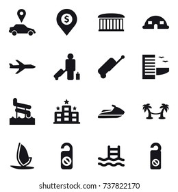 16 vector icon set : car pointer, dollar pin, airport building, dome house, plane, passenger, suitcase, hotel, aquapark, jet ski, palm hammock, windsurfing, do not distrub, pool