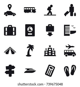 16 vector icon set : car pointer, bus, tourist, passenger, suitcase, passport, baggage get, hotel, tent, palm, transfer, signpost, yacht, inflatable mattress, flip-flops