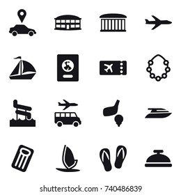 16 vector icon set : car pointer, airport building, plane, sail boat, passport, ticket, hawaiian wreath, aquapark, transfer, golf, yacht, inflatable mattress, windsurfing, flip-flops, service bell