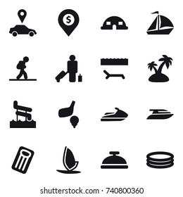 16 vector icon set : car pointer, dollar pin, dome house, sail boat, tourist, passenger, lounger, island, aquapark, golf, jet ski, yacht, inflatable mattress, windsurfing, service bell
