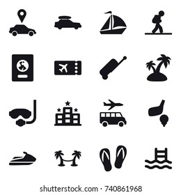 16 vector icon set : car pointer, car baggage, sail boat, tourist, passport, ticket, suitcase, island, diving mask, hotel, transfer, golf, jet ski, palm hammock, flip-flops, pool