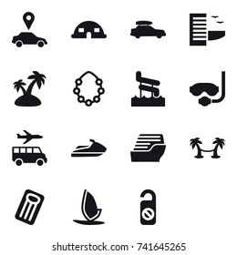 16 vector icon set : car pointer, dome house, car baggage, hotel, island, Hawaiian wreath, aqua park, diving mask, transfer, jet ski, cruise ship, palm hammock, inflatable mattress, windsurfing