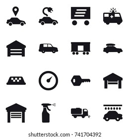 16 vector icon set : car pointer, electric car, delivery, garage, car baggage, taxi, barometer, key, sprayer, sweeper, car wash