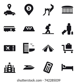 16 vector icon set : car pointer, dollar pin, great wall, airport building, bus, taxi, tourist, passenger, ticket, hotel, tent, baggage trolley, yacht, inflatable mattress, bed