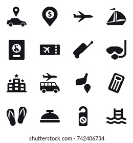 16 vector icon set : car pointer, dollar pin, plane, sail boat, passport, ticket, suitcase, diving mask, hotel, transfer, golf, inflatable mattress, flip-flops, service bell, do not distrub, pool