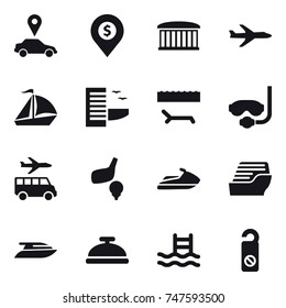 16 vector icon set : car pointer, dollar pin, airport building, plane, sail boat, hotel, lounger, diving mask, transfer, golf, jet ski, cruise ship, yacht, service bell, pool, do not distrub