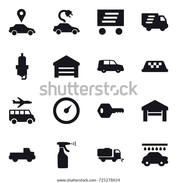 16 vector icon set : car pointer, electric car,\
delivery, spark plug, garage, taxi, transfer, barometer, key,\
pickup, sprayer, sweeper, car\
wash