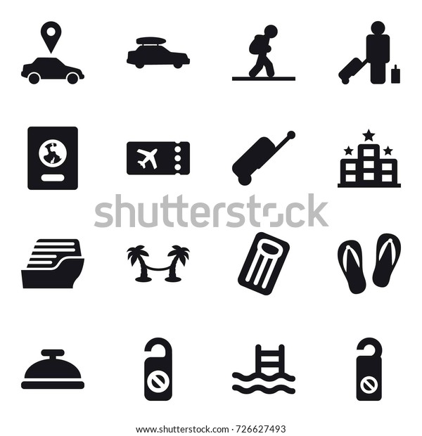 16 vector icon set : car pointer, car baggage,
tourist, passenger, passport, ticket, suitcase, hotel, cruise ship,
palm hammock, inflatable mattress, flip-flops, service bell, do not
distrub, pool