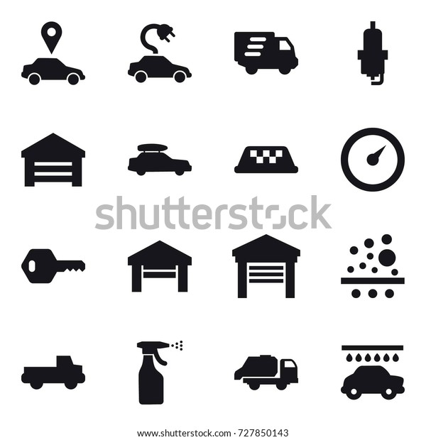 16 vector icon set : car pointer,\
electric car, delivery, spark plug, garage, car baggage, taxi,\
barometer, key, pickup, sprayer, trash truck, car\
wash