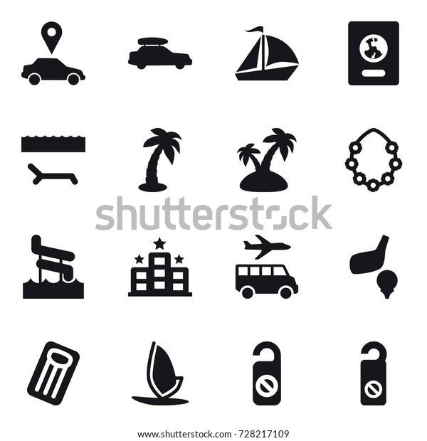 16\
vector icon set : car pointer, car baggage, sail boat, passport,\
lounger, palm, island, hawaiian wreath, aquapark, hotel, transfer,\
golf, inflatable mattress, windsurfing, do not\
distrub