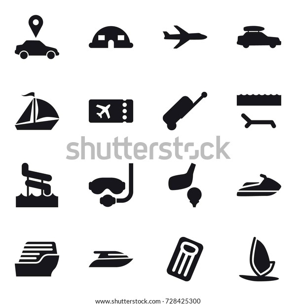 16 vector icon set : car pointer, dome house,\
plane, car baggage, sail boat, ticket, suitcase, lounger, aquapark,\
diving mask, golf, jet ski, cruise ship, yacht, inflatable\
mattress, windsurfing