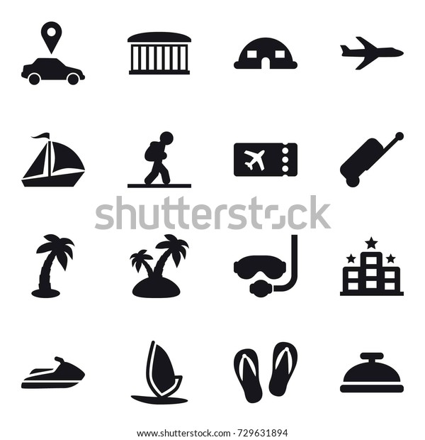 16\
vector icon set : car pointer, airport building, dome house, plane,\
sail boat, tourist, ticket, suitcase, palm, island, diving mask,\
hotel, jet ski, windsurfing, flip-flops, service\
bell