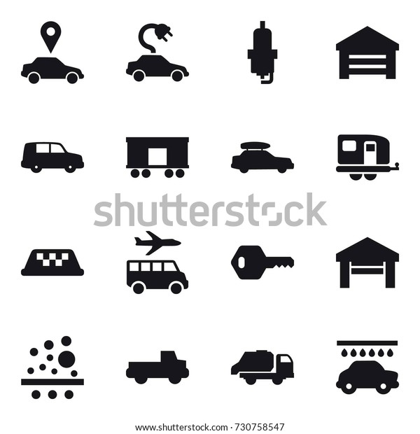16 vector icon set : car pointer, electric car,
spark plug, garage, car baggage, trailer, taxi, transfer, key,
pickup, trash truck, car
wash