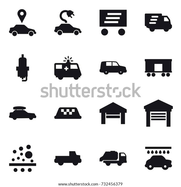 16 vector icon set : car pointer, electric car,\
delivery, spark plug, car baggage, taxi, garage, pickup, trash\
truck, car wash