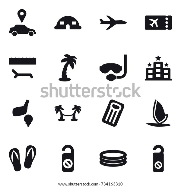 16 vector icon set : car pointer, dome house, plane,\
ticket, lounger, palm, diving mask, hotel, golf, palm hammock,\
inflatable mattress, windsurfing, flip-flops, do not distrub,\
inflatable pool