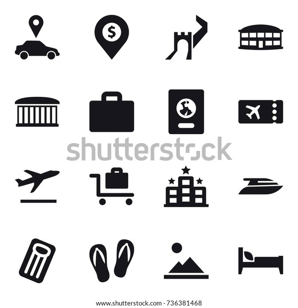 16 vector icon set : car pointer, dollar pin,\
greate wall, airport building, suitcase iocn, passport, ticket,\
departure, baggage trolley, hotel, yacht, inflatable mattress,\
flip-flops, landscape