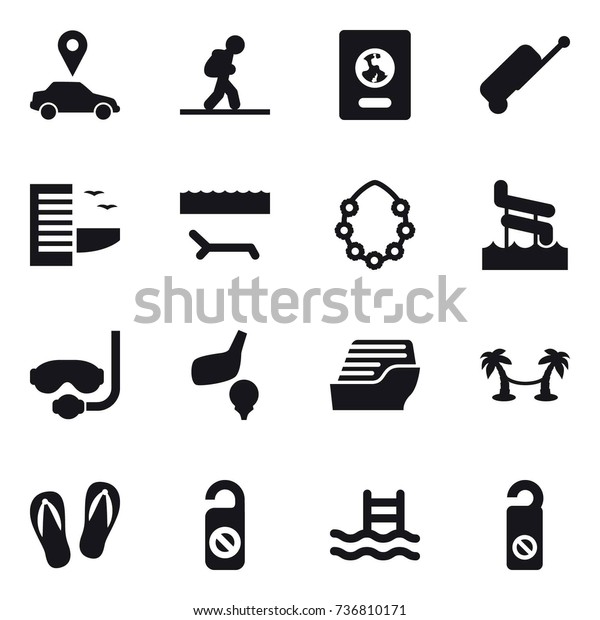 16 vector\
icon set : car pointer, tourist, passport, suitcase, hotel,\
lounger, hawaiian wreath, aquapark, diving mask, golf, cruise ship,\
palm hammock, flip-flops, do not distrub,\
pool