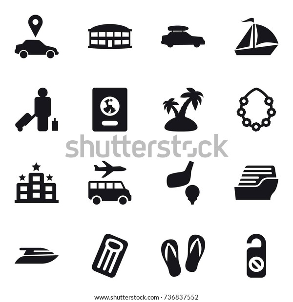 16 vector icon set : car pointer, airport\
building, car baggage, sail boat, passenger, passport, island,\
hawaiian wreath, hotel, transfer, golf, cruise ship, yacht,\
inflatable mattress,\
flip-flops
