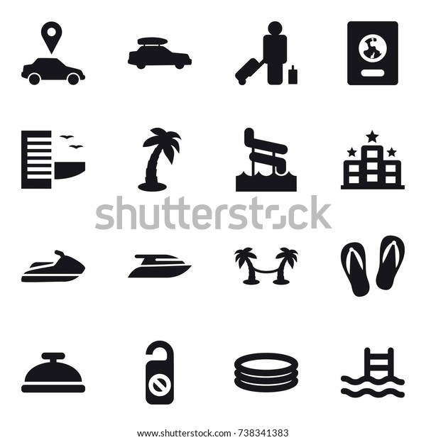 16\
vector icon set : car pointer, car baggage, passenger, passport,\
hotel, palm, aquapark, jet ski, yacht, palm hammock, flip-flops,\
service bell, do not distrub, inflatable pool,\
pool