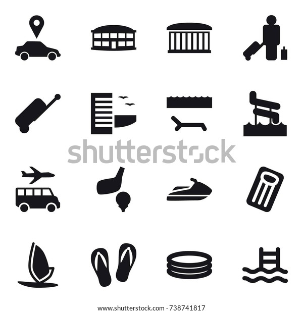 16 vector icon set : car pointer, airport building,\
passenger, suitcase, hotel, lounger, aquapark, transfer, golf, jet\
ski, inflatable mattress, windsurfing, flip-flops, inflatable pool,\
pool