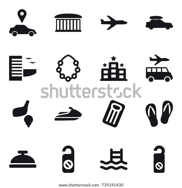 16 vector icon set : car pointer, airport building,\
plane, car baggage, hotel, hawaiian wreath, transfer, golf, jet\
ski, inflatable mattress, flip-flops, service bell, do not distrub,\
pool