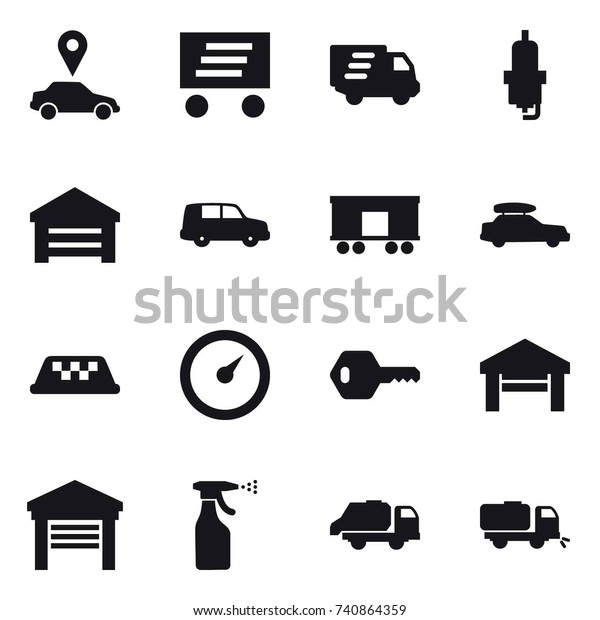 16 vector icon set : car pointer, delivery, spark\
plug, garage, car baggage, taxi, barometer, key, sprayer, trash\
truck, sweeper