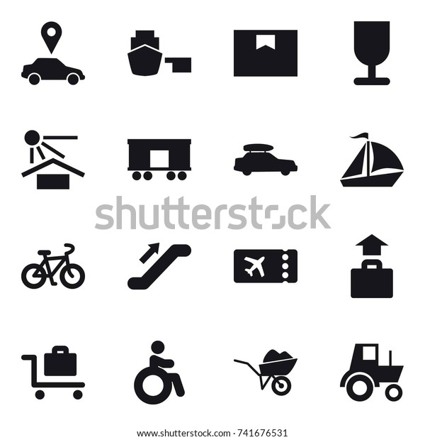 16 vector icon set : car pointer, car baggage,\
sail boat, bike, escalator, ticket, baggage, baggage trolley,\
invalid, wheelbarrow,\
tractor