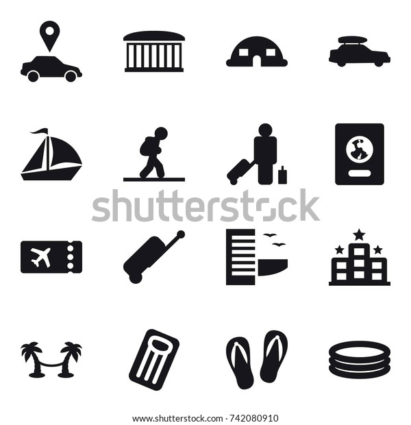 16\
vector icon set : car pointer, airport building, dome house, car\
baggage, sail boat, tourist, passenger, passport, ticket, suitcase,\
hotel, palm hammock, inflatable mattress,\
flip-flops