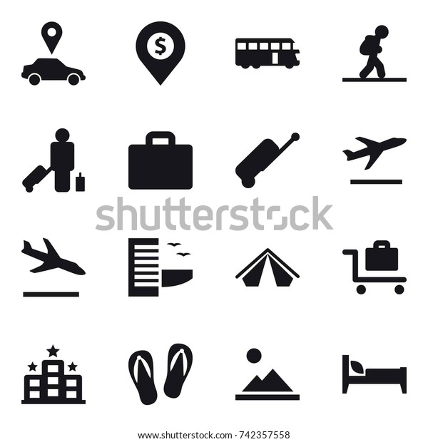 16 vector icon set :\
car pointer, dollar pin, bus, tourist, passenger, suitcase iocn,\
suitcase, departure, arrival, hotel, tent, baggage trolley,\
flip-flops, landscape, bed