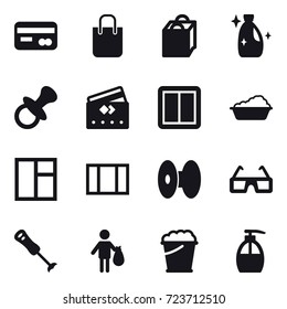 16 vector icon set : card, shopping bag, shopping bag, cleanser, nipple, credit card, power switch, washing, window, window, trash, foam bucket, liquid soap