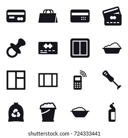 16 vector icon set : card, shopping bag, credit card, nipple, power switch, washing, window, garbage bag, foam bucket, foam basin, toilet cleanser