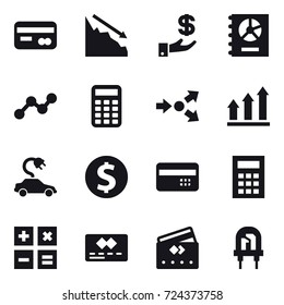 16 vector icon set : card, crisis, investment, annual report, graph, calculator, core splitting, graph up, electric car, dollar coin, credit card