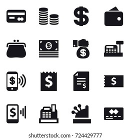 16 vector icon set : card, coin stack, dollar, wallet, purse, money, money gift, cashbox, phone pay, receipt, account balance, mobile pay