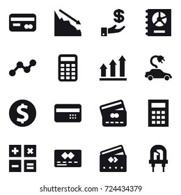 16 vector icon set : card, crisis, investment, annual report, graph, calculator, graph up, electric car, dollar coin, credit card