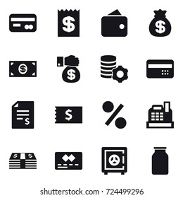 16 vector icon set : card, receipt, wallet, money bag, money, money gift, virtual mining, credit card, account balance, percent, cashbox, safe