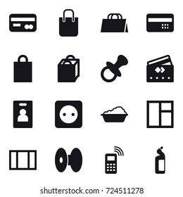 16 vector icon set : card, shopping bag, credit card, nipple, identity card, power socket, washing, window, toilet cleanser