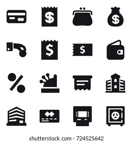16 vector icon set : card, receipt, purse, money bag, hand coin, wallet, percent, cashbox, atm receipt, building, atm, safe