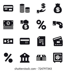 Juego de iconos de 16 vectores : tarjeta, pila de monedas, inversión, bolsa de dinero, dinero, regalo de dinero, porcentaje, moneda de mano, tarjeta de crédito, saldo de cuenta, biblioteca, caja fuerte