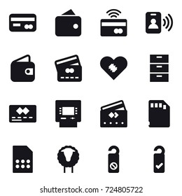 16 vector icon set : card, wallet, tap to pay, pass card, credit card, atm, sheep, do not distrub, please clean