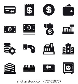 16 vector icon set : card, receipt, dollar, wallet, money, money gift, cashbox, virtual mining, hand coin, building, safe