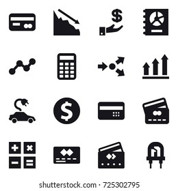16 vector icon set : card, crisis, investment, annual report, graph, calculator, core splitting, graph up, electric car, dollar coin, credit card