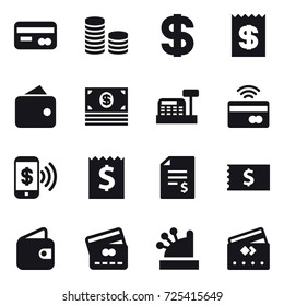 16 vector icon set : card, coin stack, dollar, receipt, wallet, money, cashbox, tap to pay, phone pay, account balance, credit card