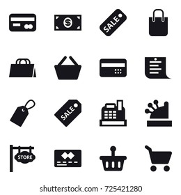 16 vector icon set : card, money, sale, shopping bag, basket, credit card, shopping list, label, sale label, cashbox, store signboard, cart