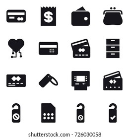 16 vector icon set : card, receipt, wallet, purse, cardio chip, credit card, atm, do not distrub, please clean