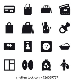 16 vector icon set : card, shopping bag, credit card, cleanser, nipple, identity card, power socket, washing, window, garbage bag, trash